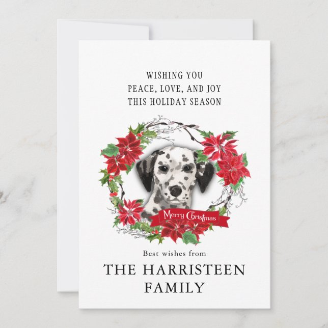 Dalmatian Dog Watercolor Poinsettia Christmas Holiday Card (Front)