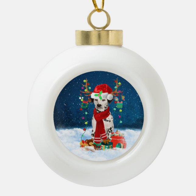 Dalmatian dog with Christmas gifts Ceramic Ball Christmas Ornament (Front)