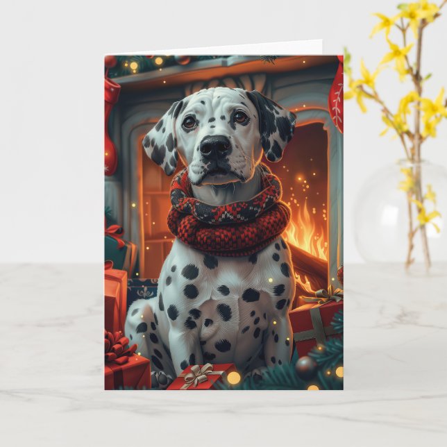 Dalmatian Dog With Christmas Gifts Fireplace Card (Yellow Flower)