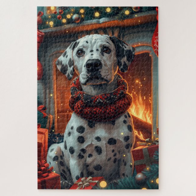 Dalmatian Dog With Christmas Gifts Fireplace Jigsaw Puzzle (Vertical)