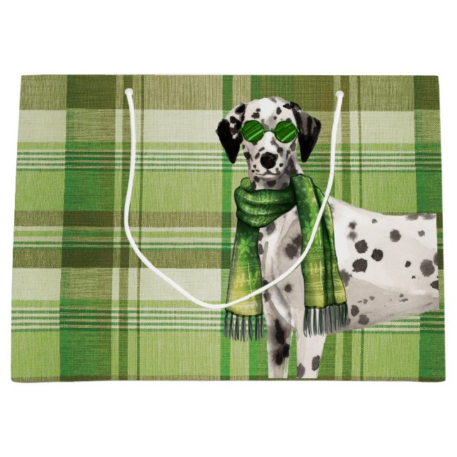 Dalmatian Dog with Green Plaid Funny Large Gift Bag (Front)