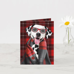 Dalmatian Dog with Red Plaid Monogrammed Card