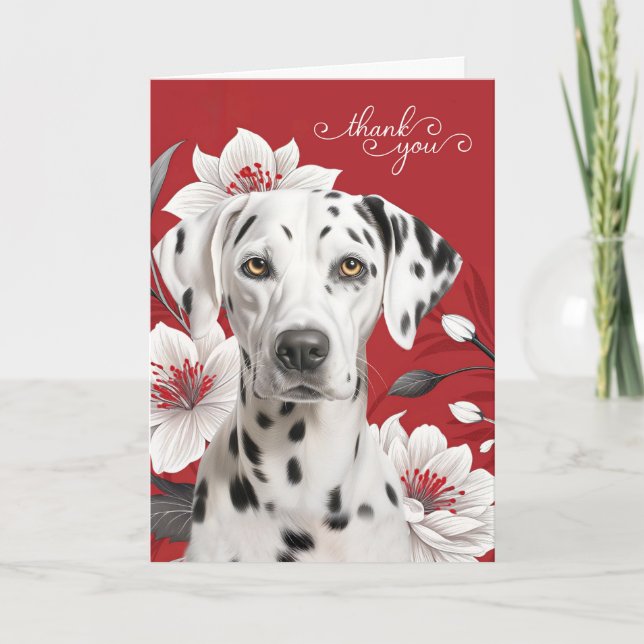 Dalmatian Dog with White Lilies on Red Thank You Card (Front)