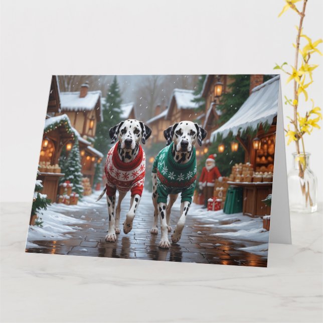 Dalmatian Dogs Christmas Snow Holiday  Card (Yellow Flower)