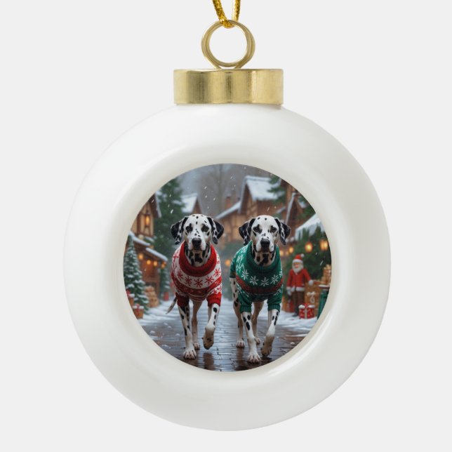 Dalmatian Dogs Christmas Snow Holiday  Ceramic Ball Christmas Ornament (Front)