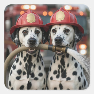 Dalmatian Dogs Holding a Fireman Hose Square Sticker