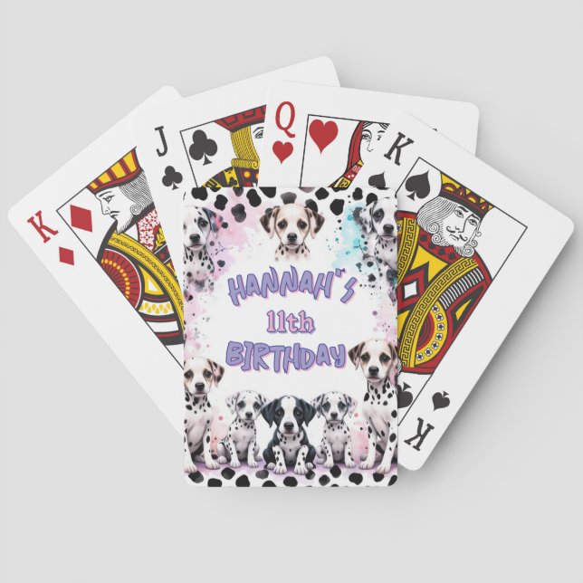 Dalmatian Dogs Purple Watercolor Birthday Party Playing Cards (Back)