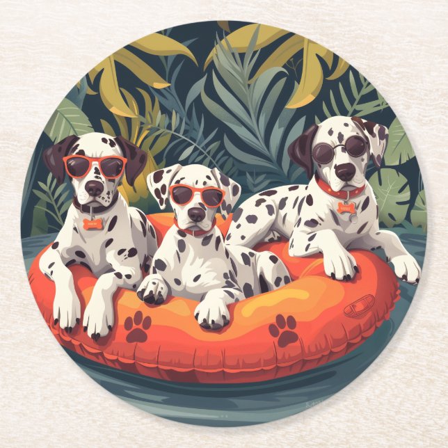 Dalmatian Dogs Summer Pineapple Pool Float Round Paper Coaster (Front)