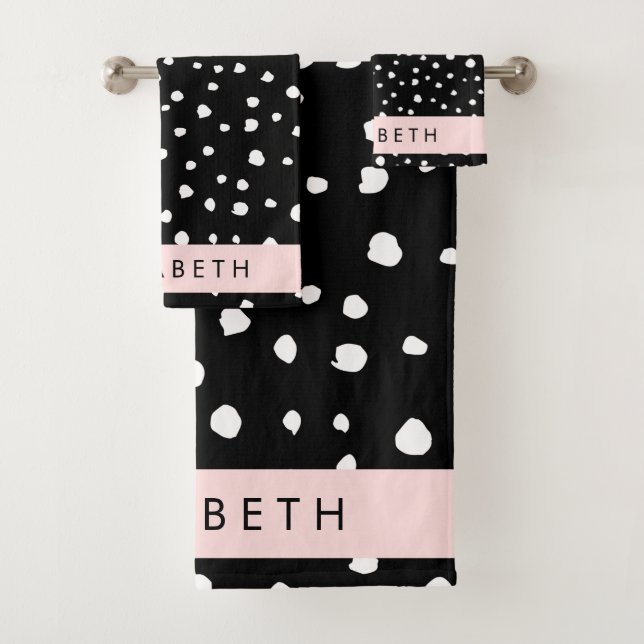 Dalmatian Dots, Spots, Black and White, Your Name Bath Towel Set (Insitu)