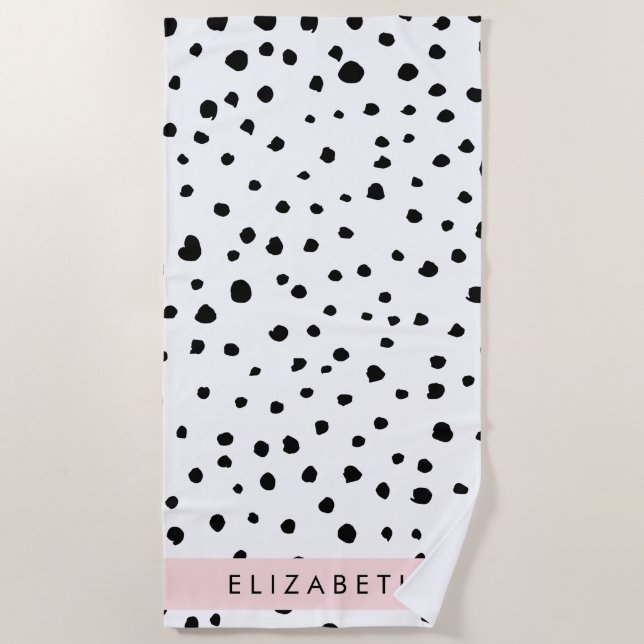Dalmatian Dots, Spots, Black and White, Your Name Beach Towel (Front)