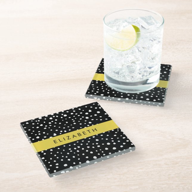 Dalmatian Dots, Spots, Black and White, Your Name Glass Coaster (Angled)