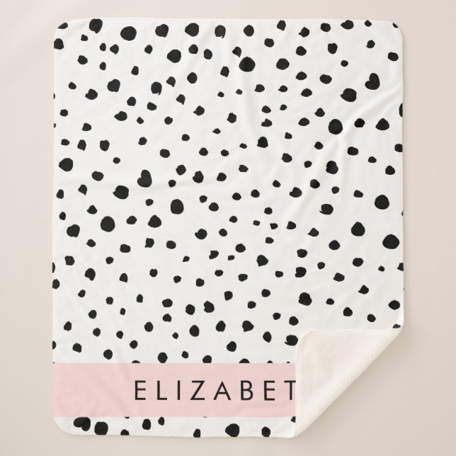 Dalmatian Dots, Spots, Black and White, Your Name Sherpa Blanket (Front)