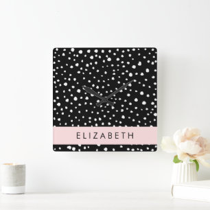 Dalmatian Dots, Spots, Black and White, Your Name Square Wall Clock