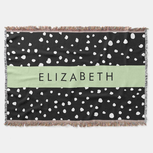 Dalmatian Dots, Spots, Black and White, Your Name Throw Blanket (Front)