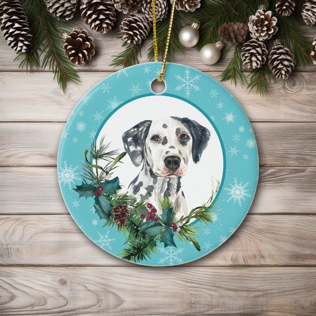 Dalmatian Evergreen Blue Snowflake Border Ceramic Tree Decoration (Creator Uploaded)
