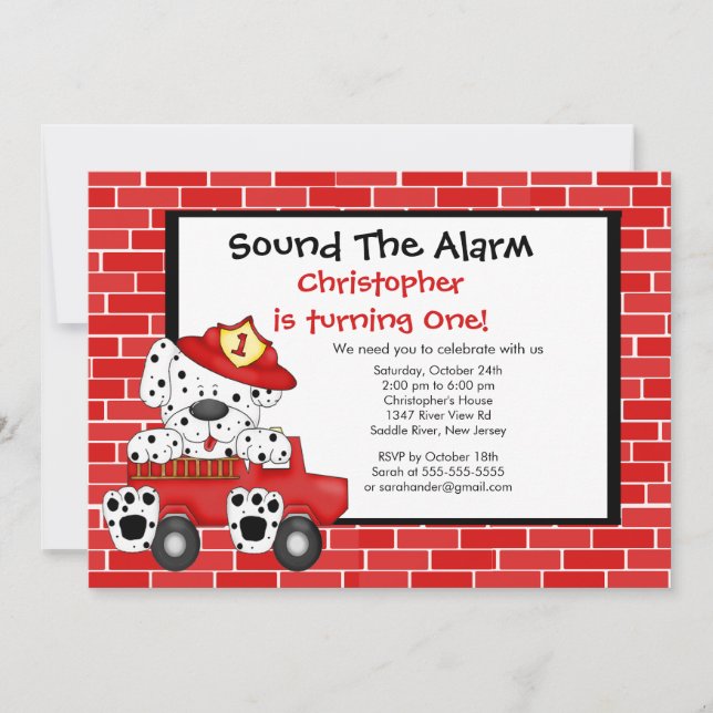 Dalmatian Fireman Fire Truck Birthday Party Invitation (Front)