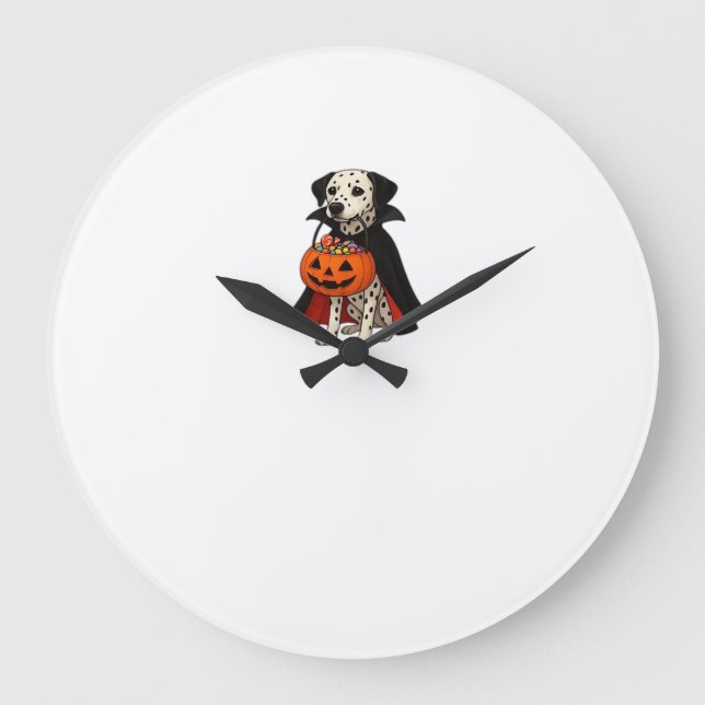 Dalmatian Halloween Vampire Dog with Pumpkin Baske Large Clock (Front)