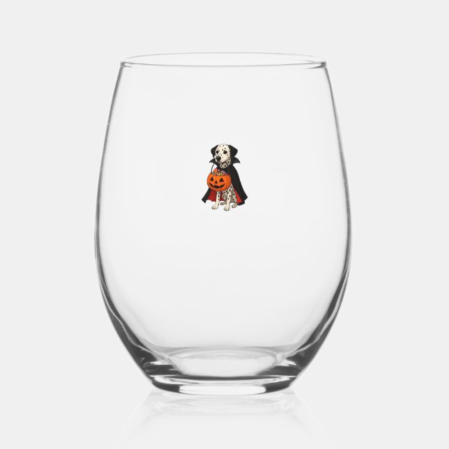 Dalmatian Halloween Vampire Dog with Pumpkin Baske Stemless Wine Glass (Front)