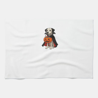 Dalmatian Halloween Vampire Dog with Pumpkin Baske Tea Towel