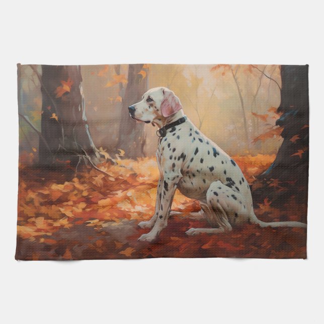 Dalmatian  in Autumn Leaves Fall Inspire  Tea Towel (Horizontal)
