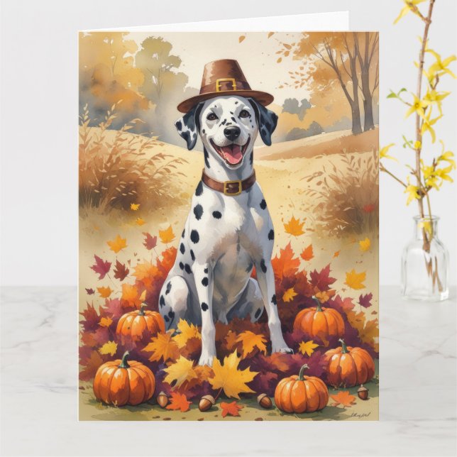 Dalmatian In Autumn Leaves Thanksgiving Art Card (Yellow Flower)