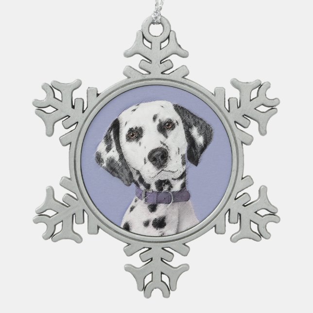 Dalmatian Painting - Cute Original Dog Art Snowflake Pewter Christmas Ornament (Front)