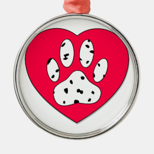 Dalmatian Paw Print In Red Heart Metal Tree Decoration