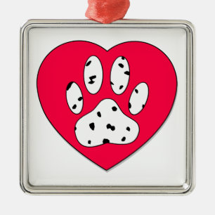 Dalmatian Paw Print In Red Heart Metal Tree Decoration