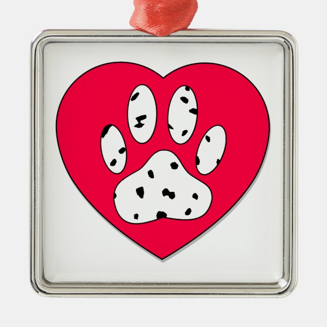 Dalmatian Paw Print In Red Heart Metal Tree Decoration (Front)