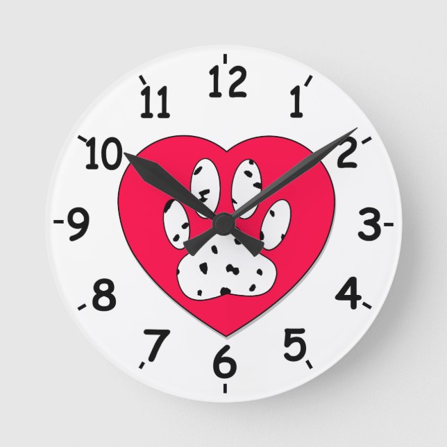 Dalmatian Paw Print In Red Heart Round Clock (Front)