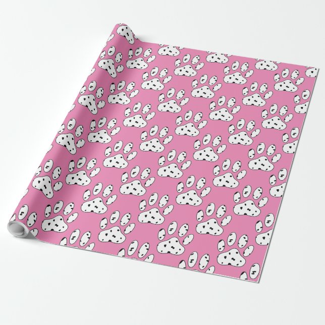 Dalmatian Paw Print Pattern Pink Wrapping Paper (Unrolled)