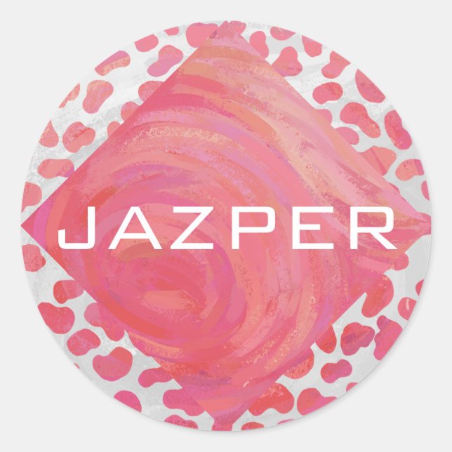 Dalmatian Pink and White with Monogram Classic Round Sticker (Front)