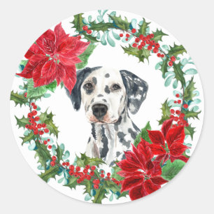 Dalmatian Poinsettia Holly Berry Christmas Wreath Classic Round Sticker