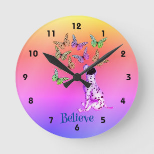 Dalmatian Puppy And Colourful Butterflies Believe  Round Clock