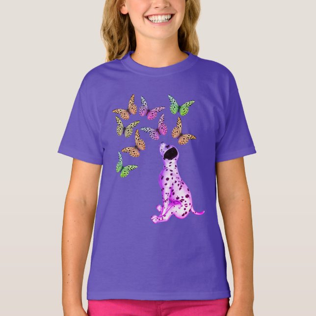 Dalmatian Puppy And Colourful Butterflies   T-Shirt (Front)