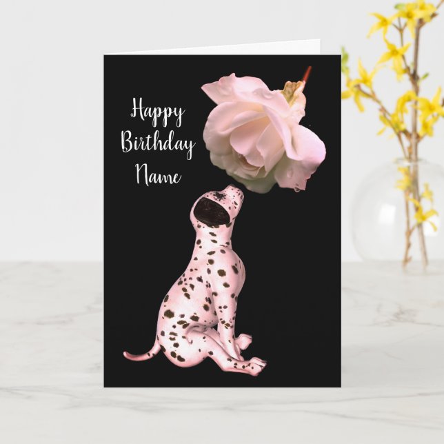 Dalmatian Puppy And Rose Personalise Birthday Card (Yellow Flower)