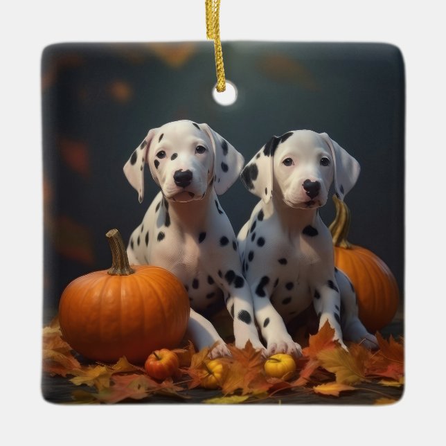 Dalmatian Puppy Autumn Delight Pumpkin  Ceramic Ornament (Front)