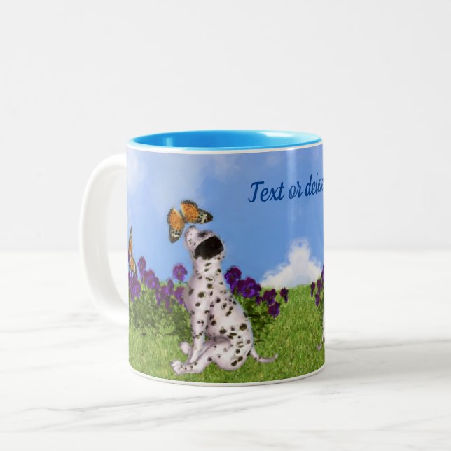 Dalmatian Puppy Butterflies Dog Art Personalised Two-Tone Coffee Mug (Front Left)