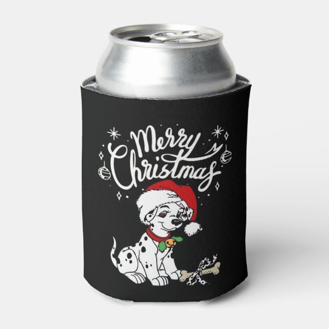 Dalmatian Puppy Dog In A Christmas Santa Hat Xmas  Can Cooler (Can Front)