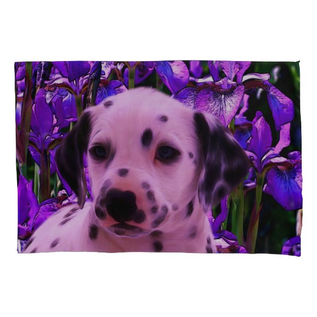 Dalmatian Puppy Iris Flowers Dog Art  Pillowcase (Front)