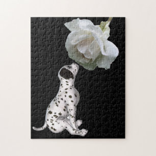 Dalmatian Puppy Smelling White Rose Jigsaw Puzzle