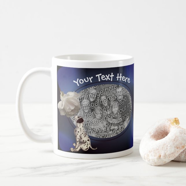Dalmatian Puppy White Rose Personalised Photo  Coffee Mug (With Donut)