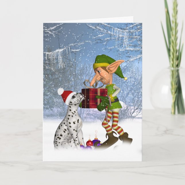 dalmatian puppy with elf Holiday Greeting Card (Front)