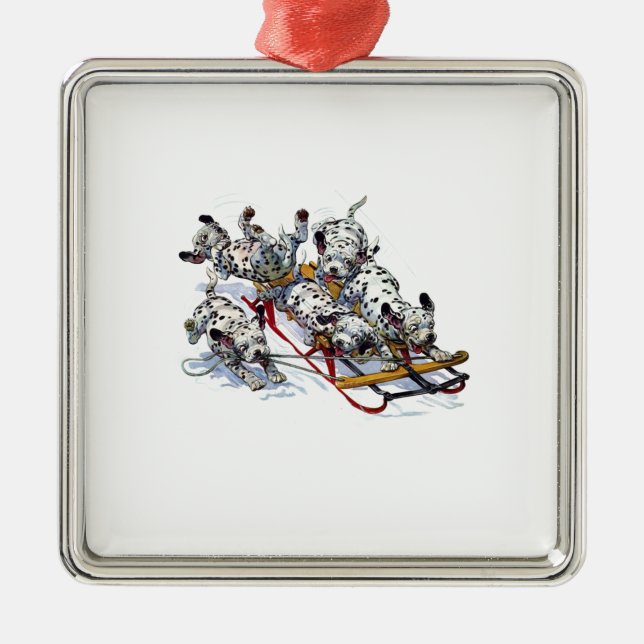 Dalmatian Pups Sledding Metal Tree Decoration (Front)
