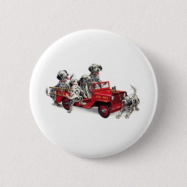Dalmatian Pups with Fire Truck 6 Cm Round Badge (Front)