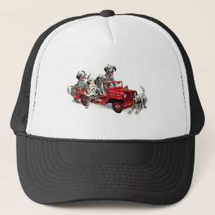 Dalmatian Pups with Fire Truck Trucker Hat