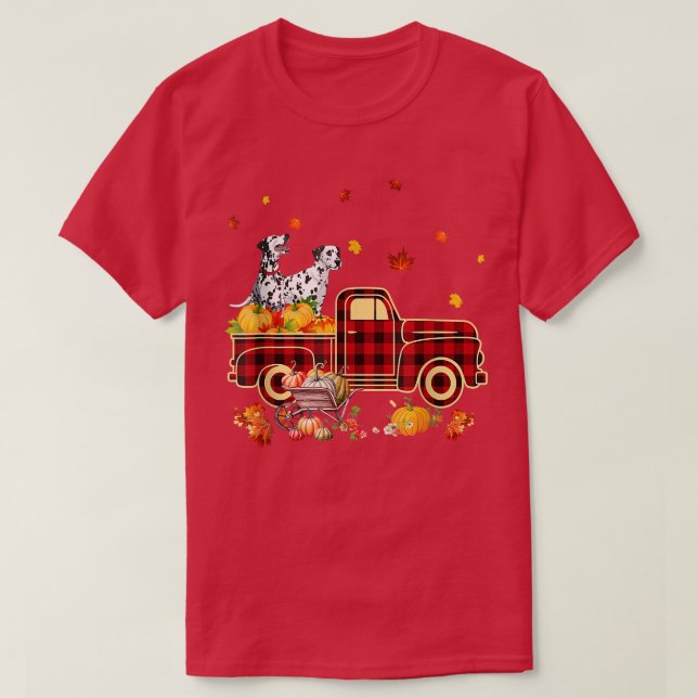 Dalmatian Riding Truck Pumpkin Autumn Leaves Fall  T-Shirt (Design Front)