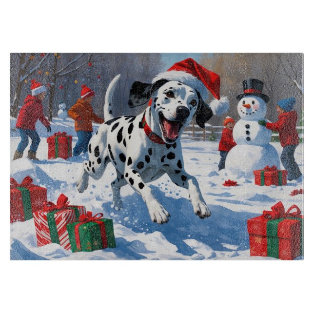 Dalmatian Running in Snow with Christmas Hat Cutting Board (Front)