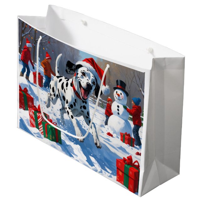 Dalmatian Running in Snow with Christmas Hat Large Gift Bag (Front Angled)