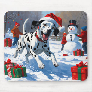 Dalmatian Running in Snow with Christmas Hat Mouse Mat